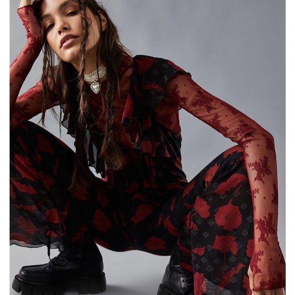 Free People Austyn one piece floral, ruffle, bell bottom jumpsuit. - Picture 2 of 5